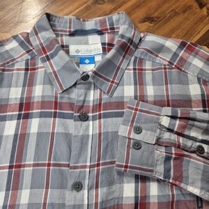 Columbia Men's Red Gray Plaid Long Sleeve Button-Up Shirt - Size Large